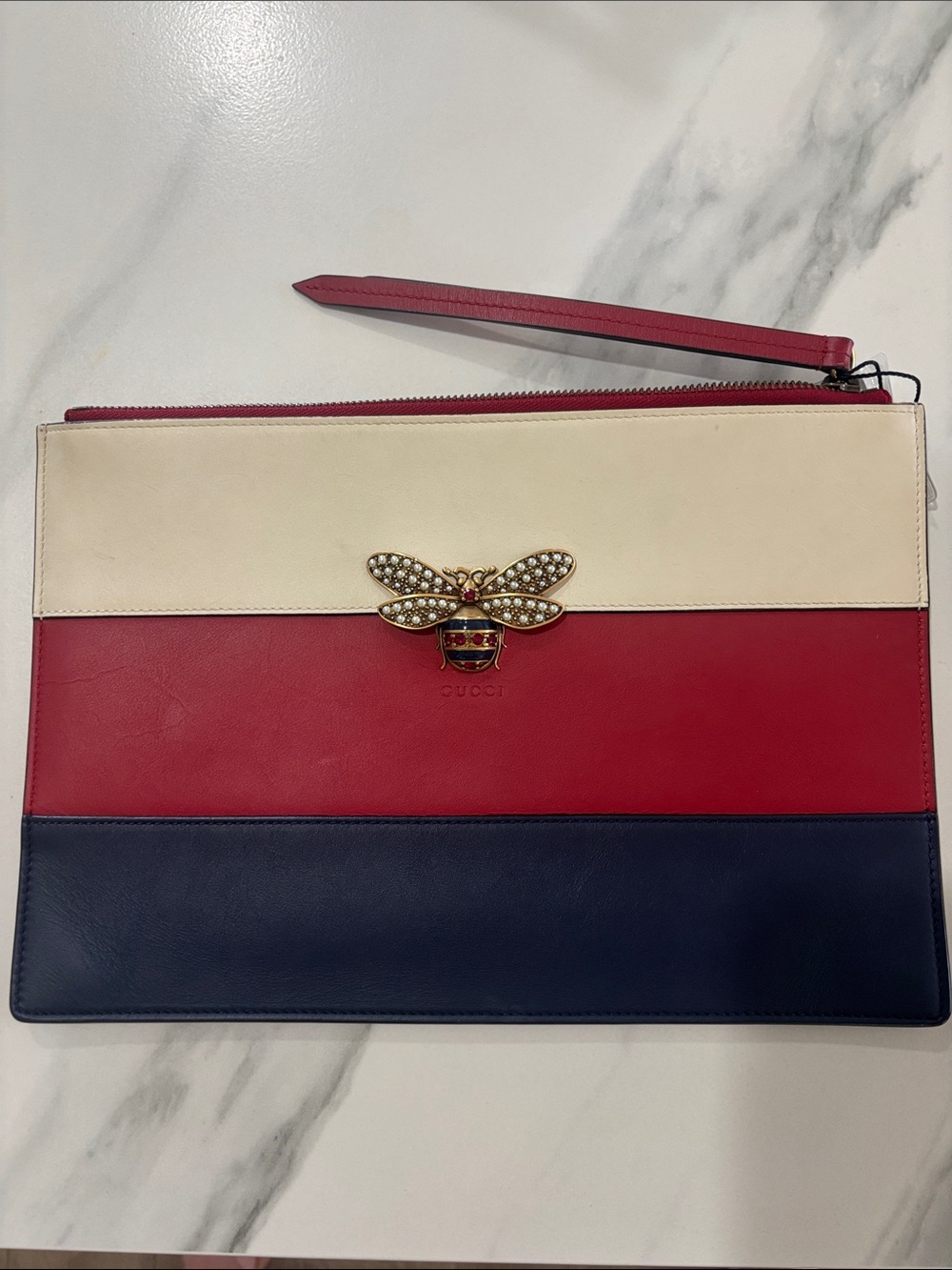 Gucci Queen Margaret Bee Stripe Leather Clutch